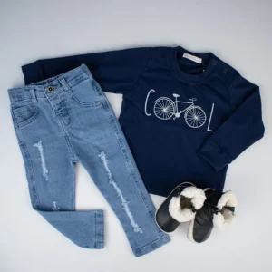 Camiseta Bike Para Bebê + Calça Com Rasgos + Bota Com Sherpa
